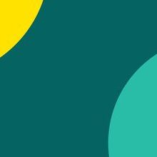 Dark green banner with multicolour circular shapes of different sizes.