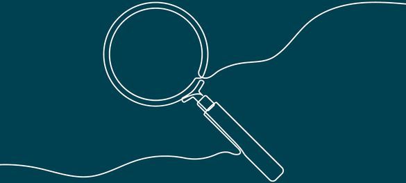 Navy blue banner with a magnifying glass illustration. 