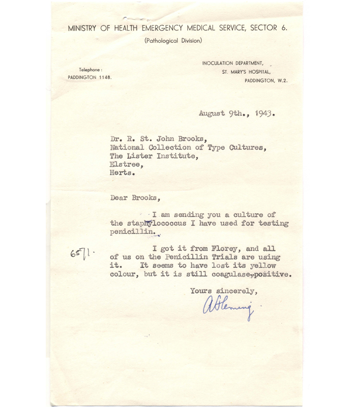 Letter regarding the deposit of NCTC 6571 Staphylococcus aureus (also known as the Oxford Staphylococcus), dated 9 August 1943.