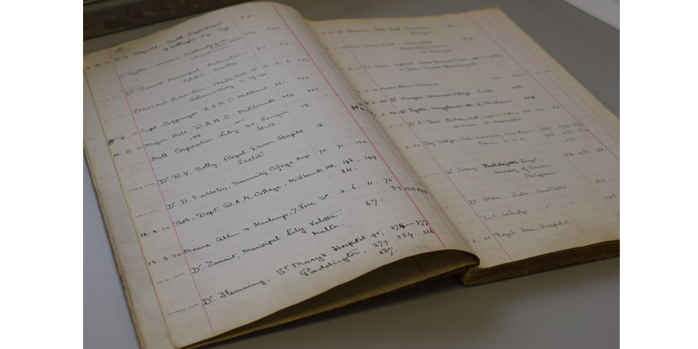 The National Collection of Type Cultures’ (NCTC) first order book, used from 4 January 1920 to 4 May 1923.