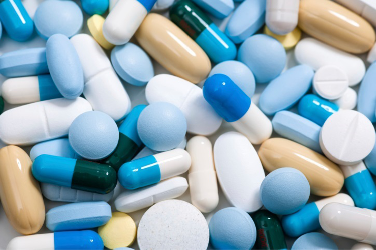 A cluster of various pill types.